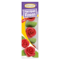 Roses rouges en pâte d'amandes avec feuilles 1x16Blister