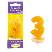 Bougies-chiffre N°3  jaune sur Bobêche Egouttoir anti-coulure pique plastique  1 X15 pcs