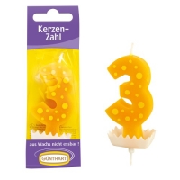 Bougies-chiffre N°3  jaune sur Bobêche Egouttoir anti-coulure pique plastique  1 X15 pcs