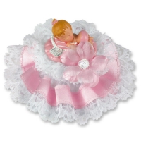 Bébé Rose dans un couffin sur embase  orné de Tulle, Fleur et Bord Satin 1 X2 pcs