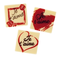 Plaquettes Carrées „Je t‘aime“ en chocolat blanc, ass. 1 X48 pcs - 35 x 35 x 2 mm
