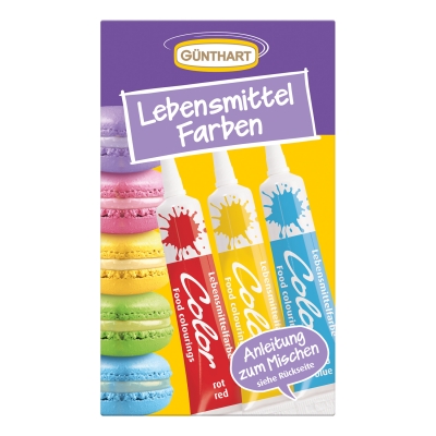 Colorants alimentaires rouge, jaune, bleu 1 X12 