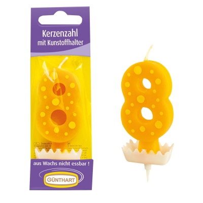 Bougies-chiffre N°8  jaune sur Bobêche Egouttoir anti-coulure pique plastique  1 X15 pcs 