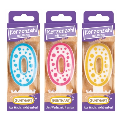 Bougies-chiffre N°0 (3 couleurs assorties : or, bleu et fuschia) 1X12 pcs 