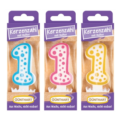 Bougies-chiffre N°1 (3 couleurs assorties : or, bleu et fuschia) 1X12 pcs 