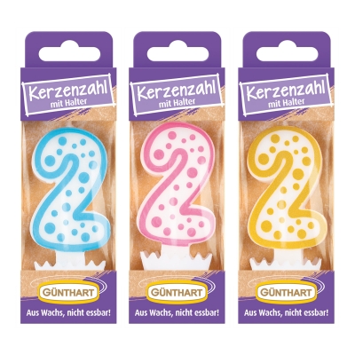 Bougies-chiffre N°2 (3 couleurs assorties : or, bleu et fuschia) 1X12 pcs 