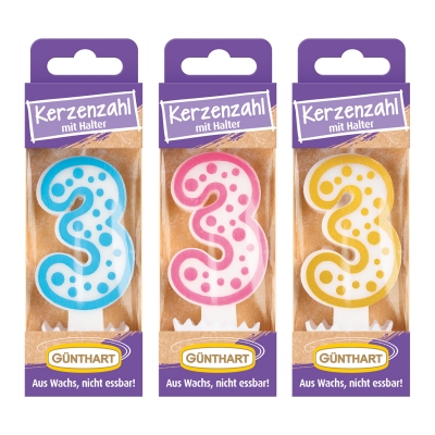 Bougies-chiffre N°3 (3 couleurs assorties : or, bleu et fuschia) 1X12 pcs 
