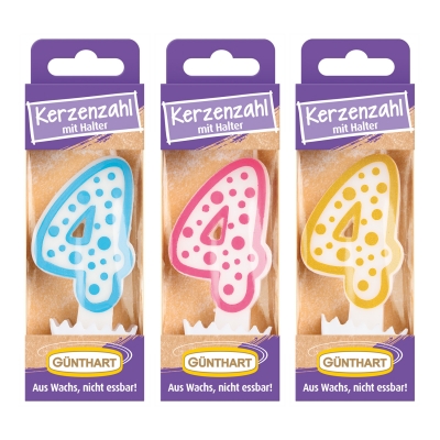 Bougies-chiffre N°4 (3 couleurs assorties : or, bleu et fuschia) 1X12 pcs 