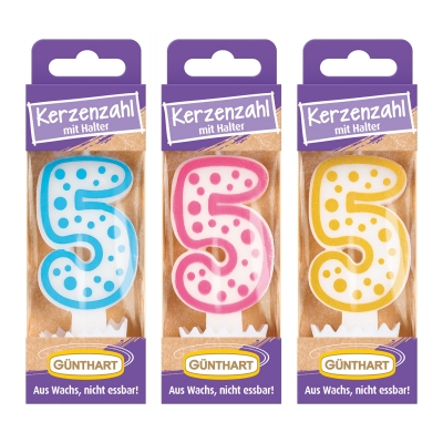 Bougies-chiffre N°5 (3 couleurs assorties : or, bleu et fuschia) 1X12 pcs 