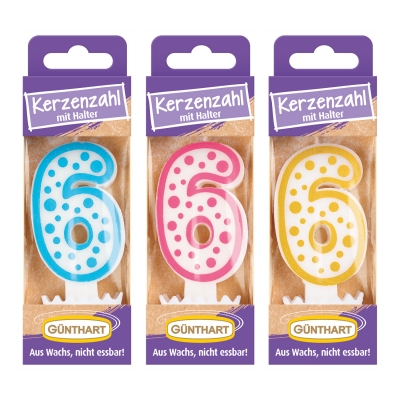 Bougies-chiffre N°6 (3 couleurs assorties : or, bleu et fuschia) 1X12 pcs 