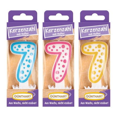 Bougies-chiffre N°7 (3 couleurs assorties : or, bleu et fuschia) 1X12 pcs 