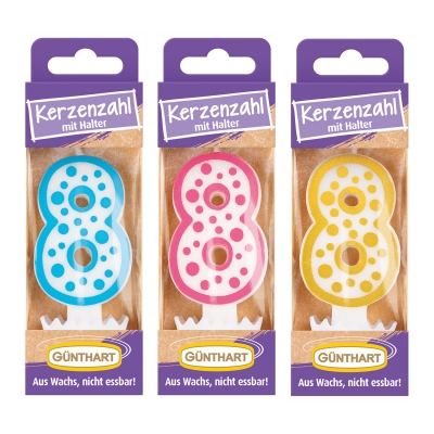 Bougies-chiffre N°8 (3 couleurs assorties : or, bleu et fuschia) 1X12 pcs 