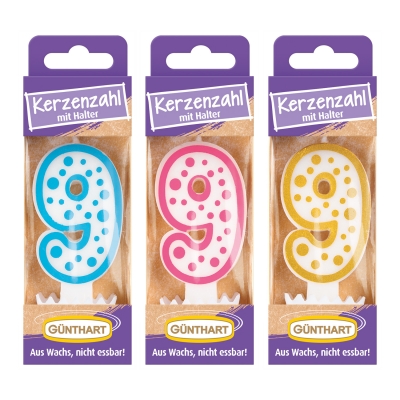 Bougies-chiffre N°9 (3 couleurs assorties : or, bleu et fuschia) 1X12 pcs 