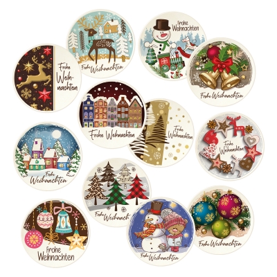 Plaques rondes  Frohe Weihnachten  en masse de sucre, ass. 1 X12 pcs - Ø 90 mm 