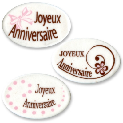 Plaquettes Ovales Joyeux Anniversaire, mousse de sucre 1 X70 pcs - 60 x 40 mm 